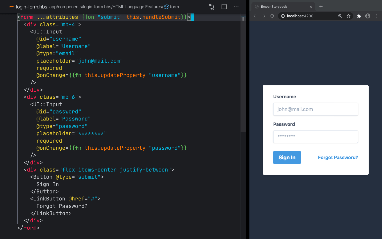 Code editor on the left two-thirds and web browser on the right third.